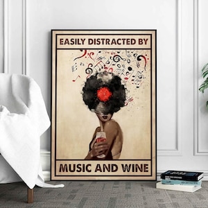 Music Vintage Poster, Easily Distracted By Music And Wine Vintage Print, Girl With Wine Art, Music Gift Idea , Music Wall Art, Music Gift