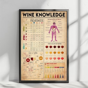 Wine Knowledge Retro Poster, Bartender Wine Guide, Bar Wall Art, Wine Chart, Wine and Food Pairing, Wine Poster, Wine Types Art, Kitchen Art