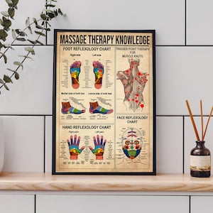 May include: A framed massage therapy knowledge chart with detailed illustrations of foot, hand, and face reflexology, along with trigger point therapy for muscle knots. The chart features colorful diagrams and anatomical references.