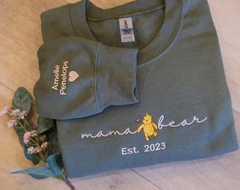 Winnie The Pooh Mama Bear Embroidered Crewneck Sweater|Embroidered Mama Bear Winnie shirt for Birthday Party Disney Matching Family Shirt