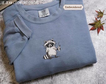 Embroidered Tired Raccoon Sweater Goblin core funny meme raccoon with coffee shirt