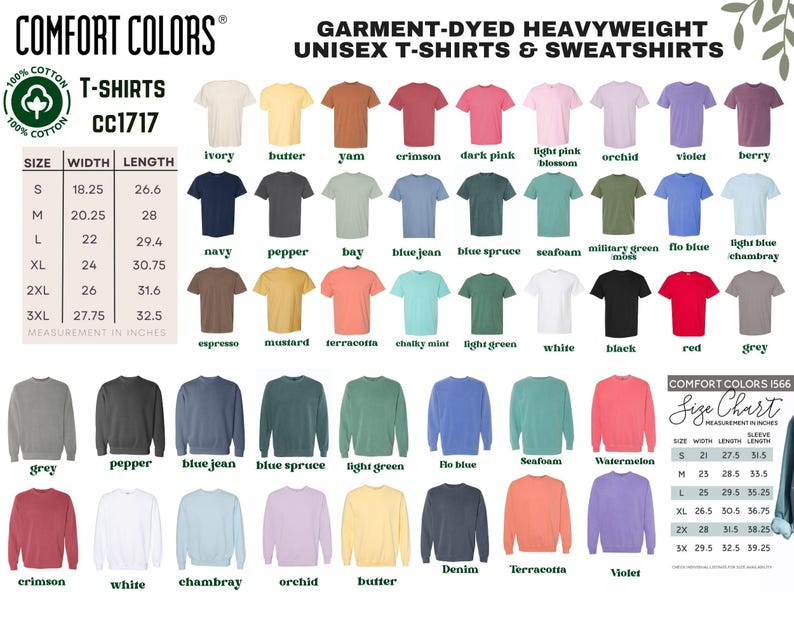 The image is a color swatch for various sizes of T-shirts and sweatshirts, showcasing a range of colors and styles.
