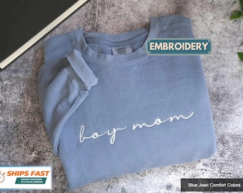 Custom Embroidered Cursive Boy Mom Comfort Colors Sweatshirt, Boy mama, Minimalist Mother's day Gift
