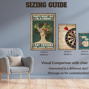 a wall with three framed artworks and a chair, along with a visual comparison of the chair's size to the artworks.