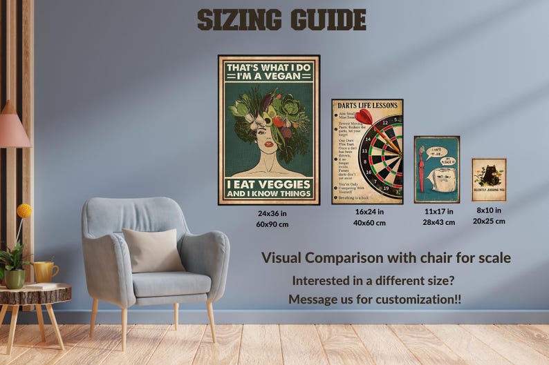 a wall with three framed artworks and a chair, along with a visual comparison of the chair's size to the artworks.