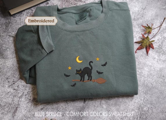 Witchy Cat Shirt, Embroidered Broomstick Sweatshirt | Comfort Colors | Spooky Season