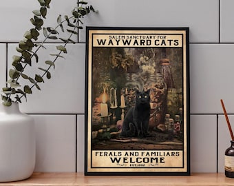 Salem Sanctuary For Wayward Cats Poster, Black Cat Poster, Cat Art Print, Black Cat Decor, Halloween Wall Decor, Black Cat Art
