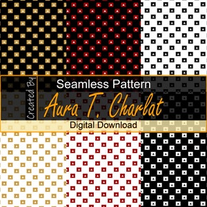 May include: A digital download of three seamless patterns featuring geometric shapes. The patterns are in black and white, red and white, and gold and white.