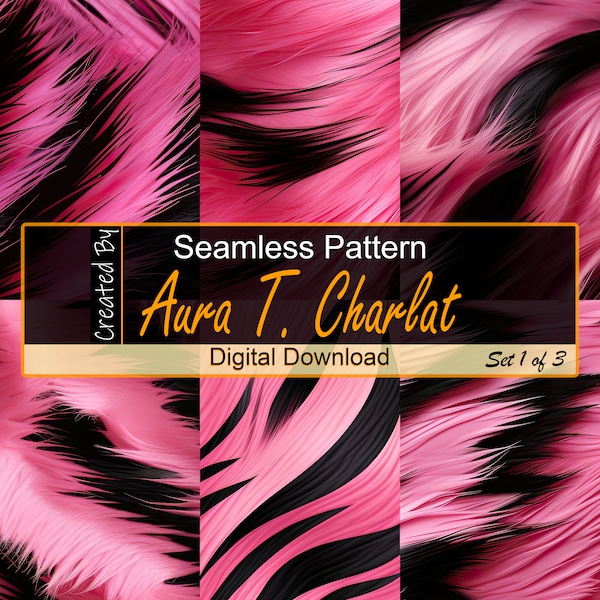 Set of 18 Unique Pink Tiger Stripe Seamless Patterns - High Quality 12x12 inches, 300DPI JPG - Pink and Black Tiger Patterns