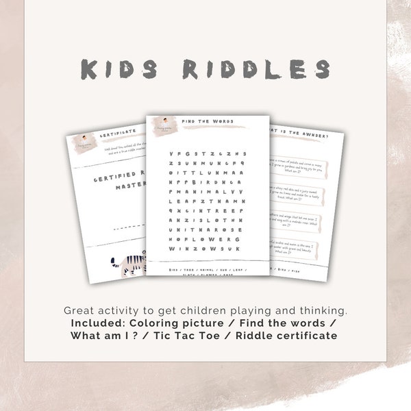Kids Riddle / Tresure Hund Kids /  Printable Game / Kids game / Tic Tac Toe / Find the words / Coloring picture / Topic Animals and Flowers