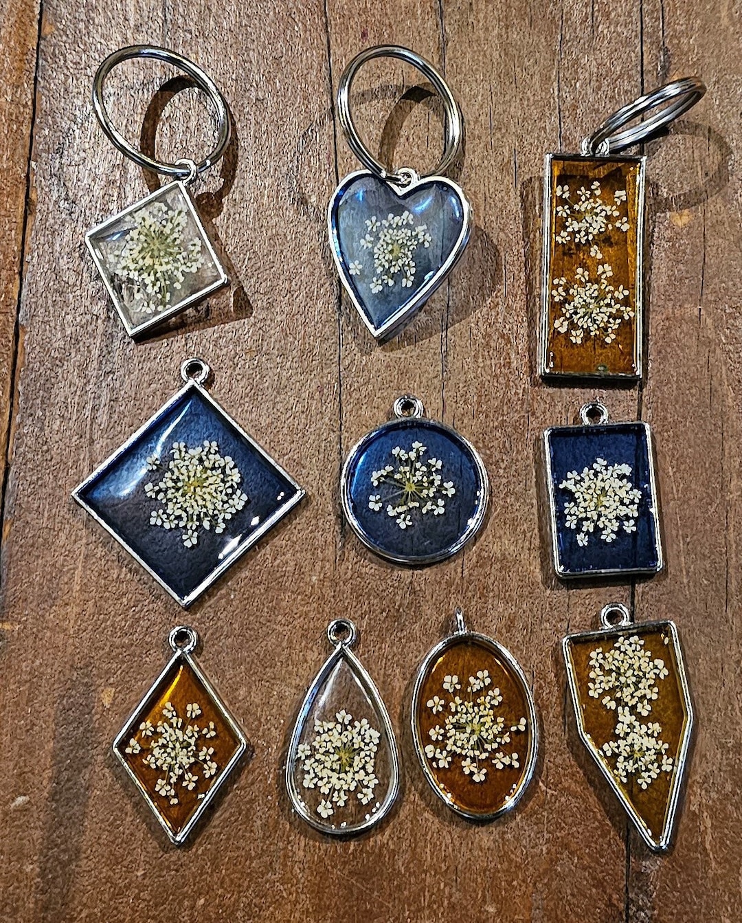 Pressed Powder On Key Chain Dried & Pressed Queen Anne's Lace Keychain Pendants - Silver Finish ...
