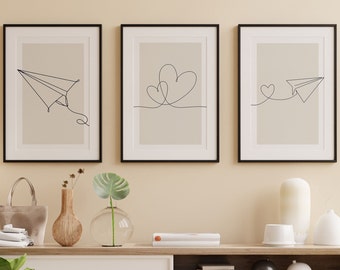 3er Set One-Line Art Prints: Minimalistische botanische Wanddekoration (digitaler Download)