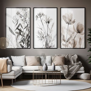 Botanical set of 3 art prints, Neutral floral Wall art prints, Abstract art prints, Minimalist bedroom living room wall decor, printable art