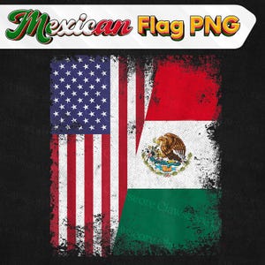 Puede incluir: Un diseño gráfico desgastado que combina las banderas estadounidense y mexicana. La bandera estadounidense, con sus estrellas y rayas, está a la izquierda. La bandera mexicana, con su emblema, está a la derecha, con franjas rojas, blancas y verdes.