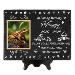 May include: A black slate memorial plaque with a framed photo of a frog. The plaque includes the text "In Loving Memory Of Froggy 2020-2026" and the phrase "If love could have saved you, you would have lived forever."