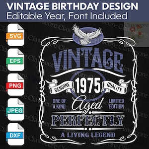 Vintage 1975 Svg, Eps, Dxf, Editable Year, Aged Limited Edition Svg, Birthday Svg, Birthday Png, 50th Birthday Svg, Instant Digital Download