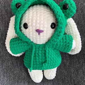 Handmade crochet Bunny in a frog Hoody plushy