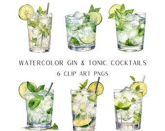 Gin und Tonic Clipart, Aquarell Cocktail Clip Art, Hochzeit Getränke Schild, Bar Schild, Alkohol Illustrationen, Gin und Tonic PNG