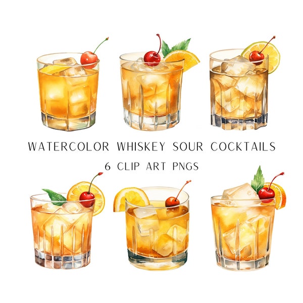 Whiskey Sour Cocktail Illustration, Clipart Graphic Download, Watercolor Whiskey Sour, Bar Menu Sign, Wedding Drinks Sign, Whiskey Sour PNG