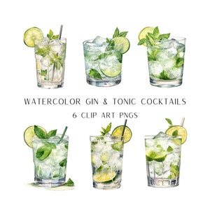 Gin en Tonic clipart, aquarel cocktail illustraties, bruiloft drankjes teken, bar teken, alcohol illustraties, gin en tonic PNG