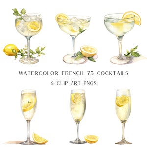 Français 75 illustrations à l'aquarelle, 6 aquarelle Français 75 cocktails, boisson signature Clip Art, téléchargement numérique PNG, Gin & Champagne Art