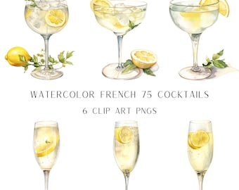 French 75 Watercolor Illustrations, 6 Watercolor French 75 Cocktails, Signature Drink Clip Art, Digital Download PNG, Gin & Champagne Art