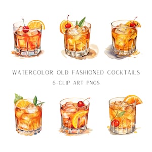 Altmodische Aquarell Illustrationen, 6 Aquarell altmodische Cocktails, Clip Art Whisky, druckbare Bar Dekoration