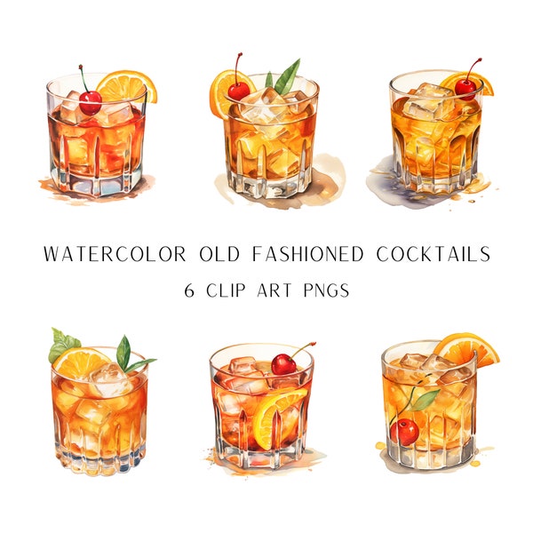 Old Fashioned Watercolor Illustrations, 6 Watercolor Old Fashioned Cocktails, Signature Drink Clip Art, Whiskey Art, Printable Bar Decor