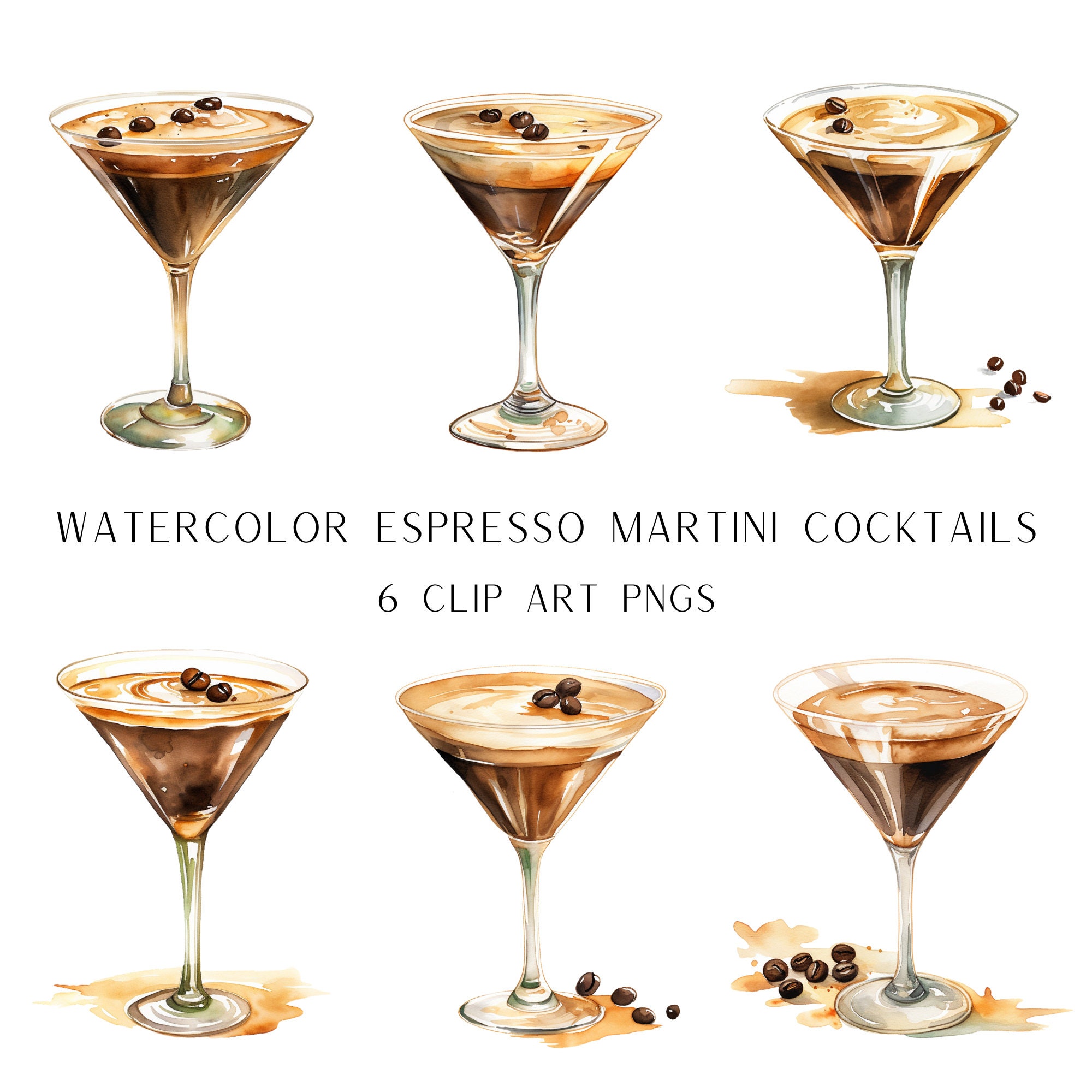 Watercolor Espresso Martini Illustrations, Coffee Liqueur, Signature Drink, Digital Cocktails, Espresso Martini PNG, Watercolor Cocktails