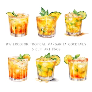 May include: Six watercolor illustrations of tropical margarita cocktails. Each cocktail is in a glass with a rim of salt and garnished with lime wedges and mint leaves. The cocktails are in various stages of being poured and mixed.