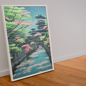 Traditional Japanese Architecture And Trees With Pink Flowers, Japanese Wall Art, Printable Digital Trendy Wall Art