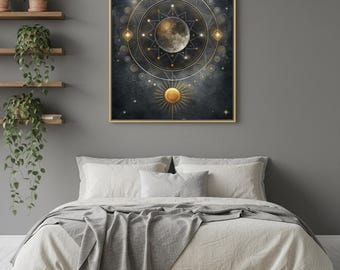 Celestial Moon and Sun Wall Art, Mystical Astrology Printable, Cosmic Digital Painting, Spiritual Decor