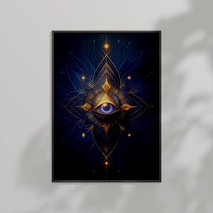 Op de afbeelding: Een blauw oog met een gouden iris omringd door een donkerblauw en gouden mandala-ontwerp. De achtergrond is donkerblauw met gouden accenten.