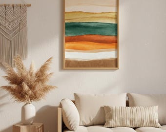 Boho Abstract Print | Terracotta Green Wall Art | Mid Century Modern Digital Download | Earth Tones Watercolor Landscape Poster