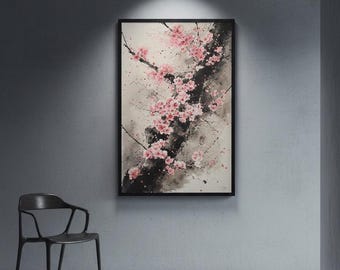 Sumi-e Cherry Blossom Print | Abstract Watercolor Ink Wash Sakura Wall Art | Pink Floral Japanese Nature Decor Digital Download
