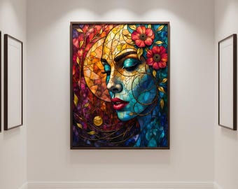 Digital Download: Colorful Stained Glass Woman Portrait | Modern Mosaic Home Decor