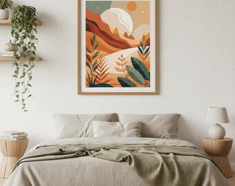 Abstrakcyjny wydruk krajobrazowy w stylu boho, terakotowa sztuka ścienna, wystrój w stylu mid-century modern, minimalistyczny plakat w stylu pustynnym, spalone pomarańczowe wykończenie do pobrania