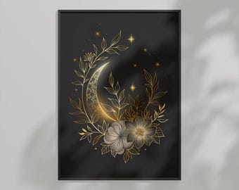 Impresión floral Luna Dorada: Arte mural botánico celestial (Descarga digital)