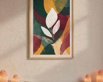 Boho Botanical Print | Abstract Leaf Wall Art | Vintage Textured Printable Art | Earth Tones Decor | Burgundy, Gold & Green Digital Download