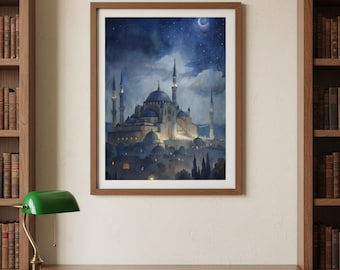 Moonlit Mosque Serenity | Islamic Wall Art Printable