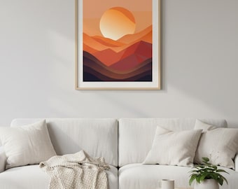Modern Desert Sunset Printable Wall Art, Terracotta Landscape Print, Boho Mountain Horizon Digital Download, Minimalist Orange Decor