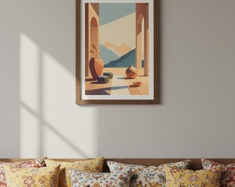 Minimalistyczny wydruk „Budowa łuku pustyni”: geometryczny krajobraz w stylu boho (pobranie cyfrowe)