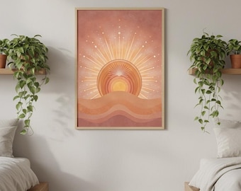 Boho Sun Print, Terracotta Abstract Sunset Wall Art, Modern Celestial Desert Landscape Poster, Neutral Minimalist Digital Download
