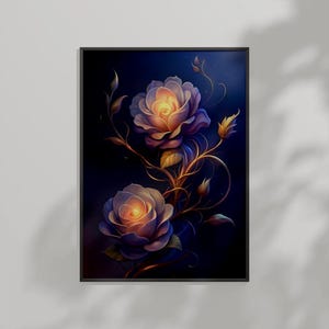 Enchanted Rose Wall Art, Glowing Floral Printable, Romantic Botanical Digital Painting, Home Decor