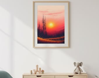 Modern Sunset Forest Print | Minimalist Mountain Landscape Digital Download | Warm Orange Red Wall Art Decor