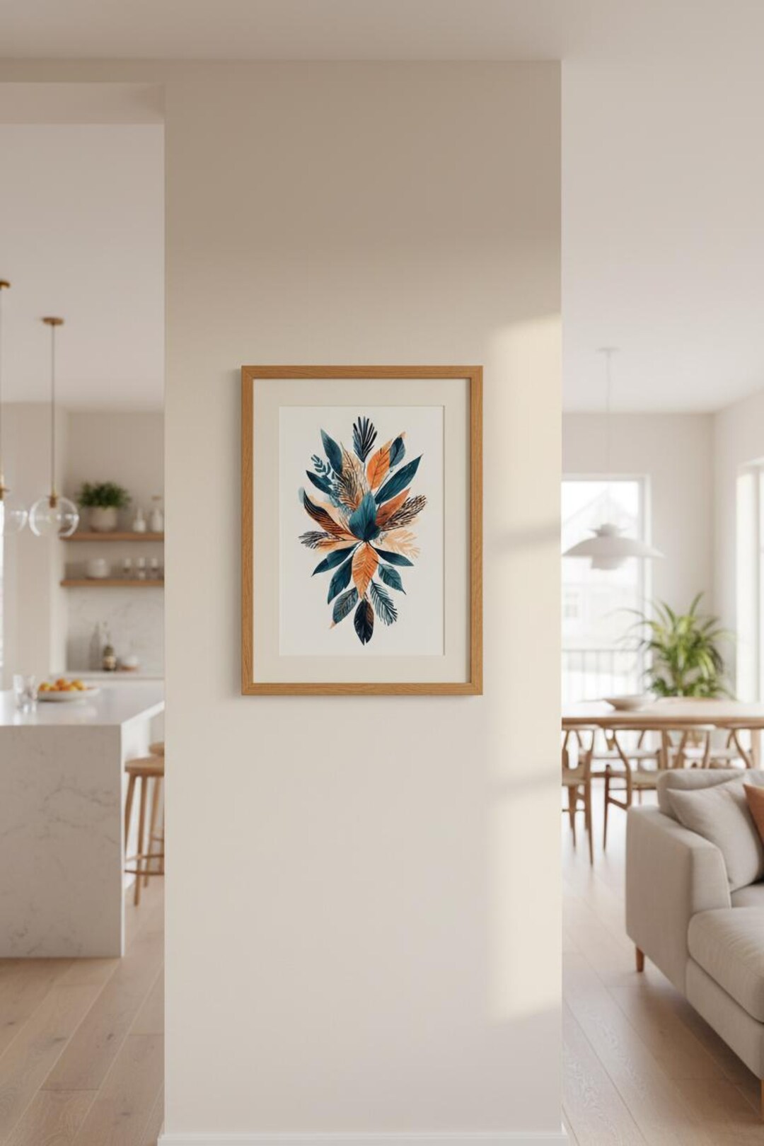 Modern Teal Orange Botanical Print, Abstract Tropical Leaf Wall Art ...
