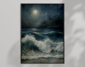 「海へつづく午後」　ゴッホ風　印象派　 あさのそら デジタルアート　A4他　風景 月明かりに照らされた海の波、ゴッホにインスパイアされた、夢のような