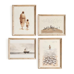 May include: A set of four framed watercolour prints with a religious theme. The prints depict scenes of faith, including a figure holding a child's hand, a group of figures on a hill, a sailboat on the sea, and a shepherd with sheep.