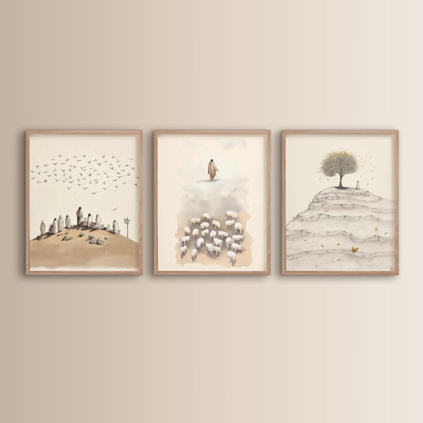 Set of 3 Christian Gallery Wall Art Boho Watercolor Bible Scripture Art  Look at the Birds | Parable of Mustard Seed | Parable of Lost Sheep