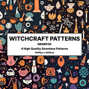 May include: Four seamless patterns featuring a whimsical, colourful, and spooky design. The patterns include stars, moons, cauldrons, potion bottles, and other magical elements. The patterns are perfect for Halloween or any witchy occasion.
